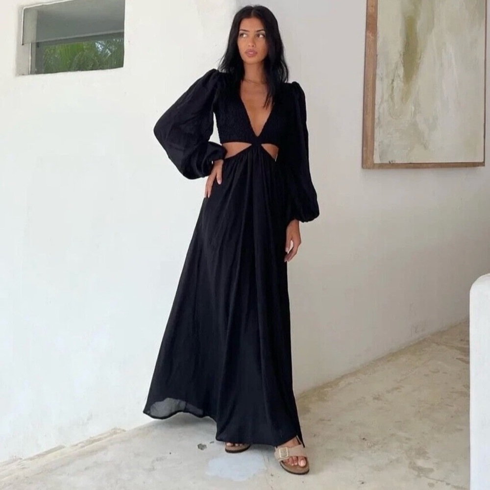 Indah Julie Solid Ruched Bodice Cutaway Maxi Dress